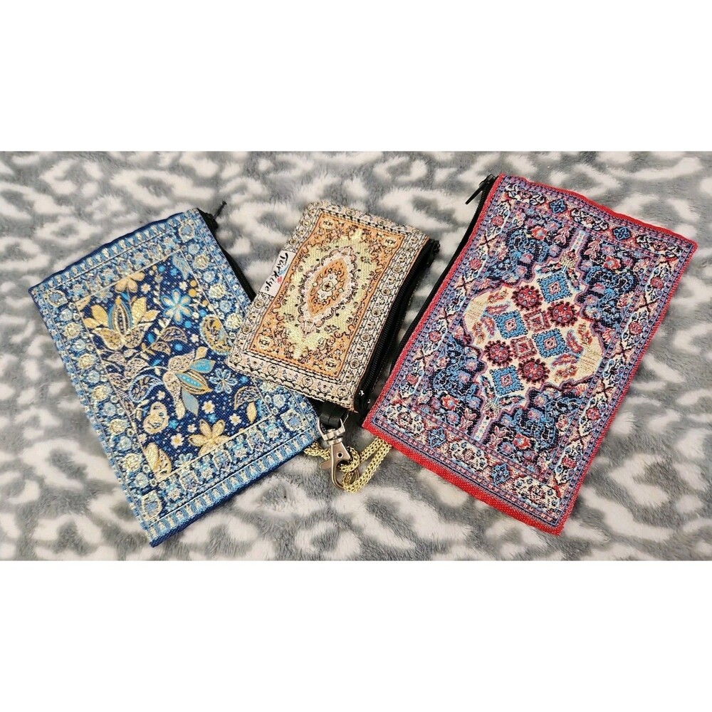 Set Of 3 Turkish Tapestry Carpet Style Zippered Clutch Coin Purses NWOT 2 Sizes